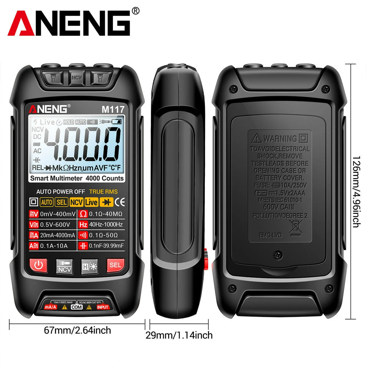 ANENG M117 High Precision True RMS Digital Multimeter with AC/DC Voltage, Current, and Resistance Measurement, Capacitor Reading, Data Hold, Auto Power Off, and Backlit Display