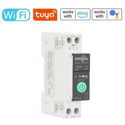 Tuya Smart Circuit Breaker 1P 63A with Metering, DIN Rail, 3 Timing Modes, Safety Protection, Remote Control via App, Compatible with Alexa & Google Assistant