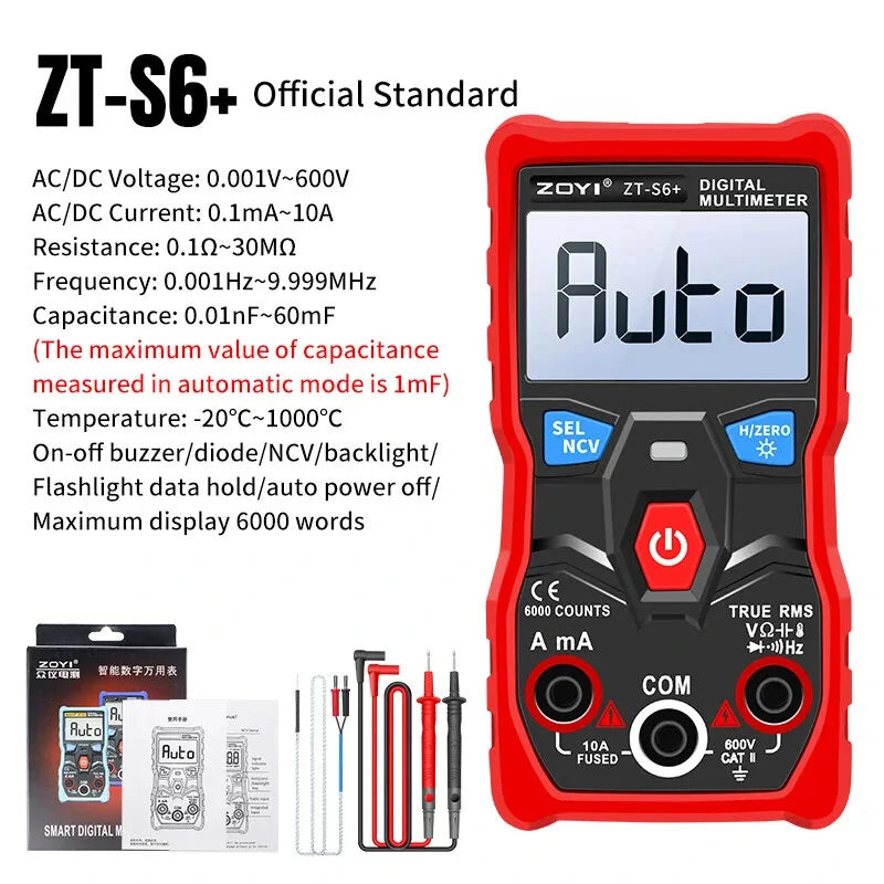 ZT-S6 Digital Multimeter, Professional AC/DC Tester with Auto Range, 6000 Counts Display