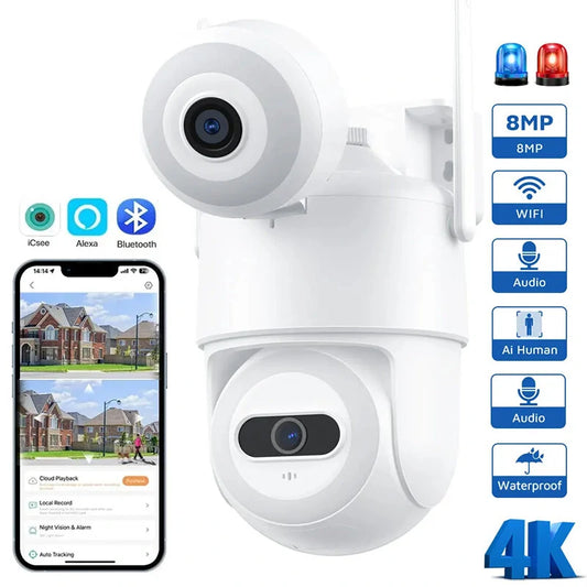 Guudgo 4K WiFi PTZ Outdoor Camera, Dual Screen, Human Detection, Night Vision, Two-Way Audio, IP66 Waterproof, Bluetooth/Wired CCTV
