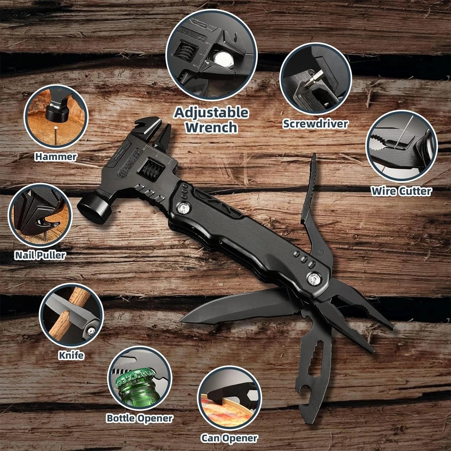 14-in-1 Multitool Hammer with Adjustable Wrench, Pliers, Saw & Opener - Ideal for Outdoorsmen, Hikers & Dads