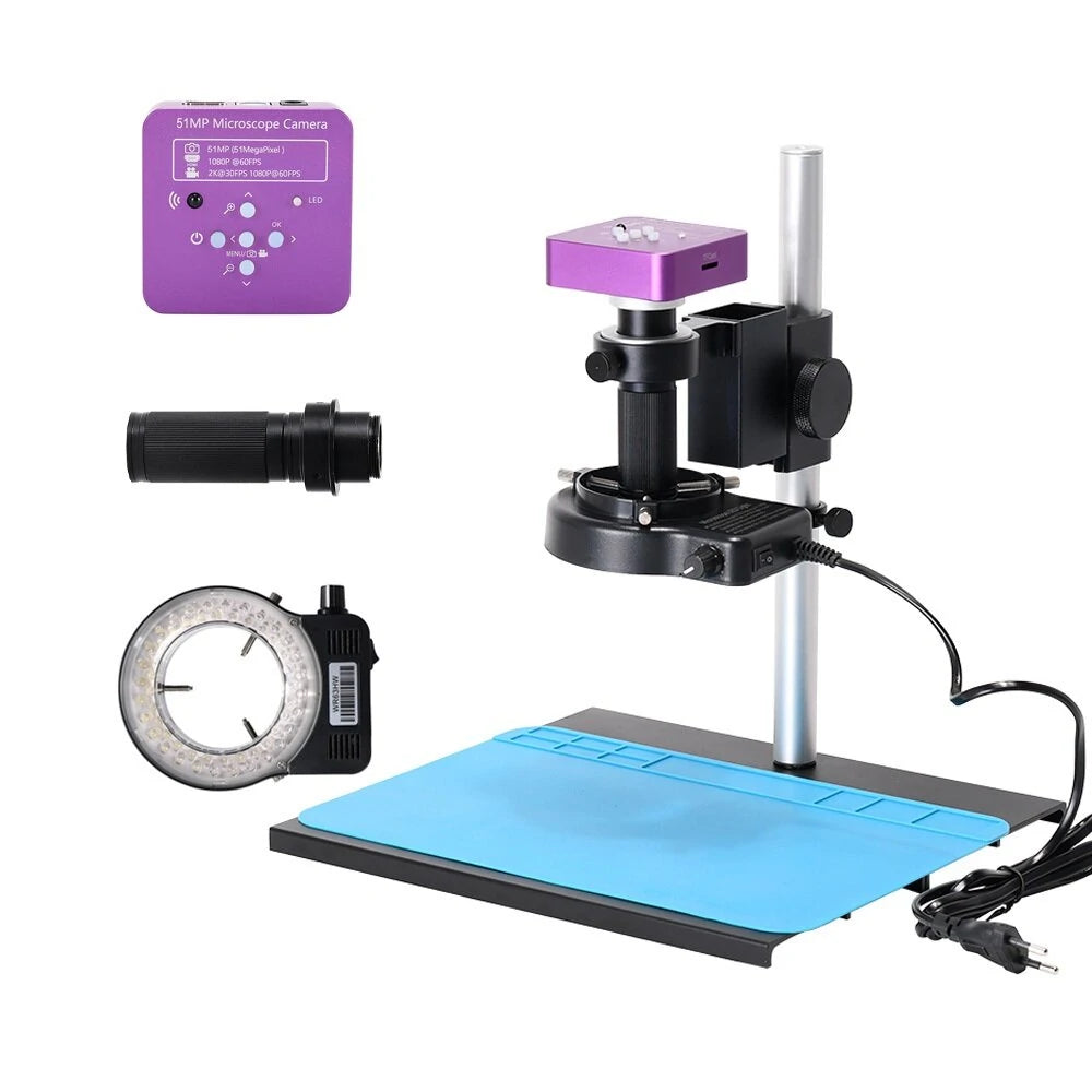 51MP Digital Microscope Camera with 130X C-Mount Lens & 56 LED Ring Light for PCB Repair - Includes Stand