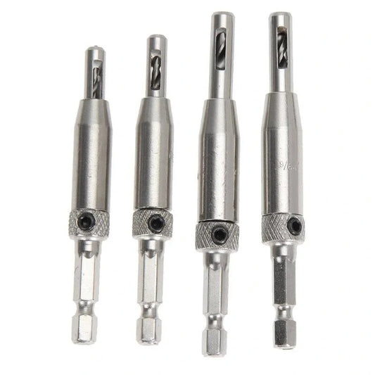 Self-Centering Hinge Drill Bit Set - 4Pcs HSS for Hinges, Drawer Guides & Hole Cutting