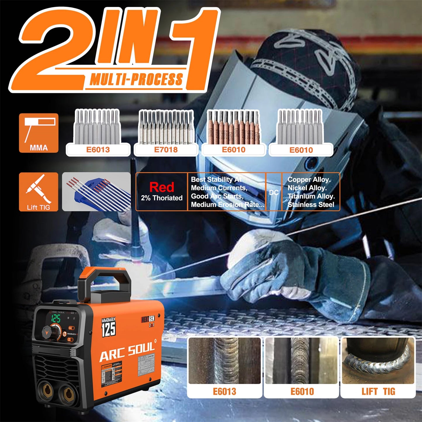 MMAMAX Portable 220V Welding Machine 125A 2-in-1 LIFT TIG IGBT Protection 160-270V Digital Display High Efficiency