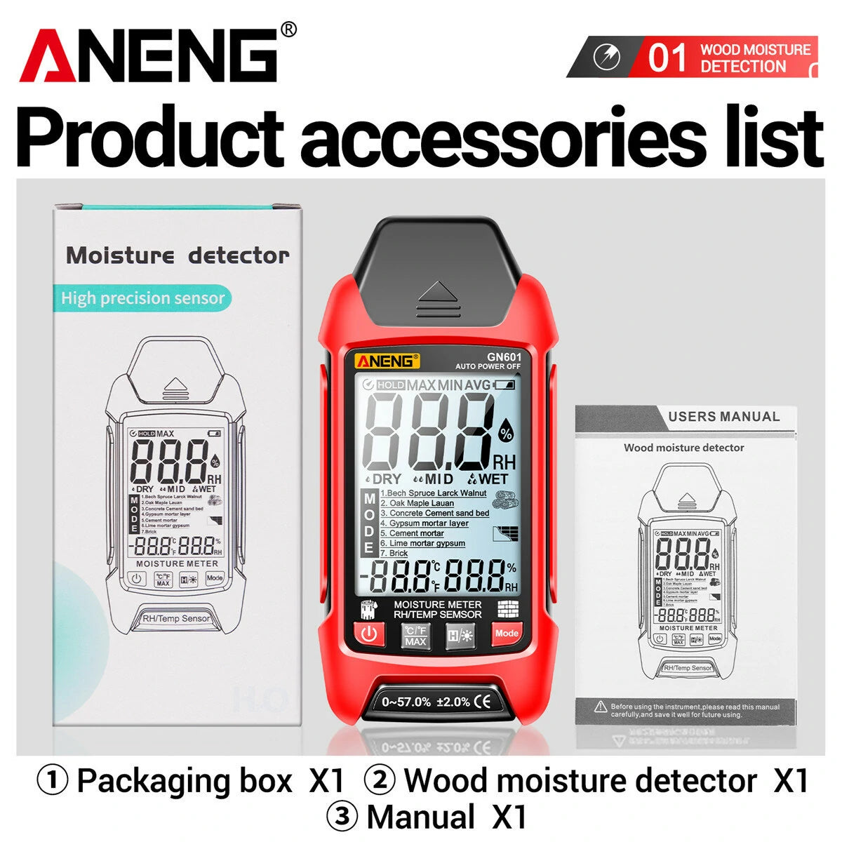 ANENG GN601 High-Precision Moisture Meter - Fast Water Content Testing for Wood, Paper, Grain & More (Battery-Free)