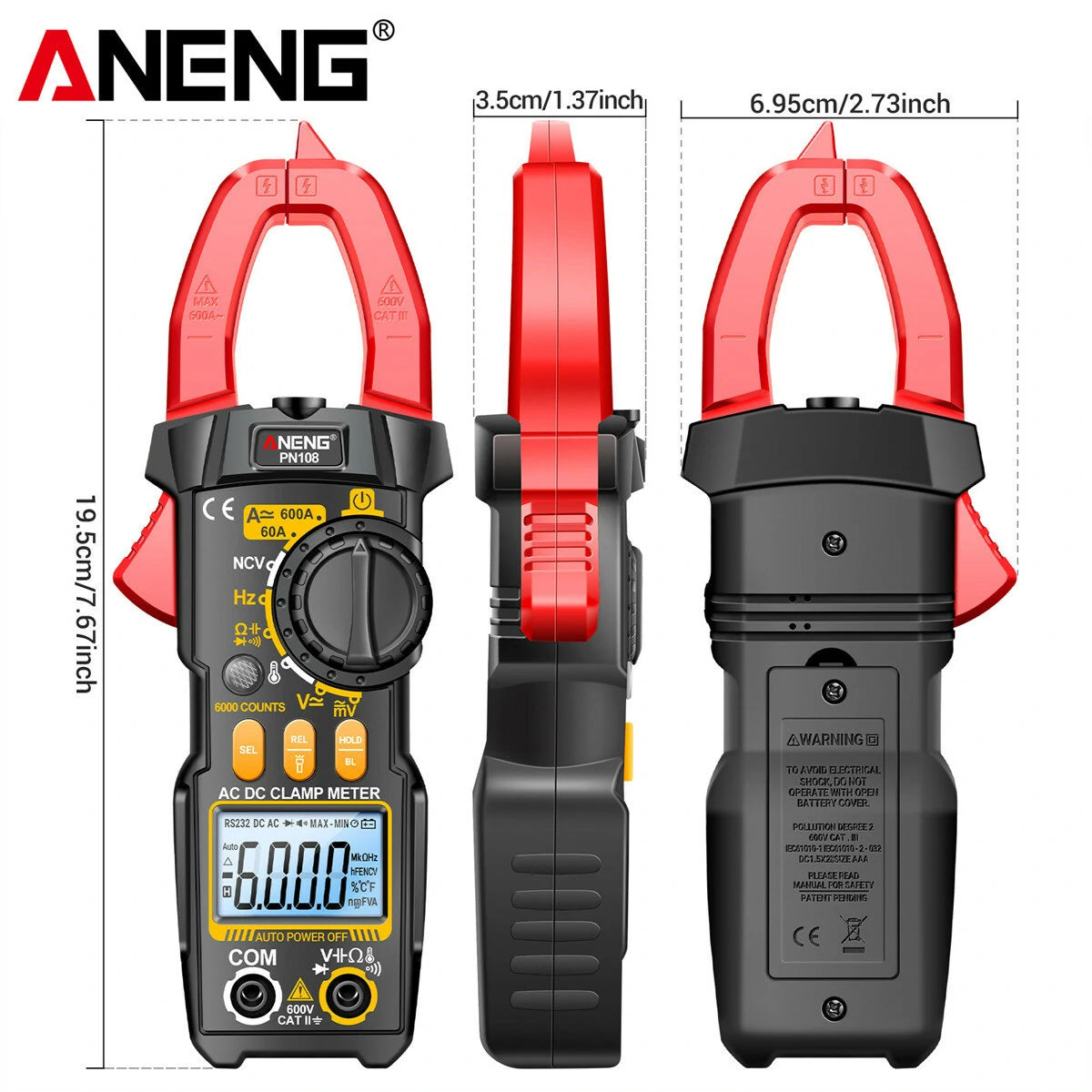 ANENG PN108 Clamp Meter | High-Precision 600A/600V AC/DC Voltage & Current Tester | Auto Power Off | Backlit Display