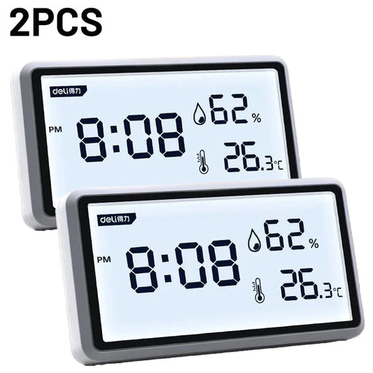Deli Precision Electronic Thermometer Hygrometer - 2 Pack Indoor Weather Station with LCD Display, Clock & Long Battery Life