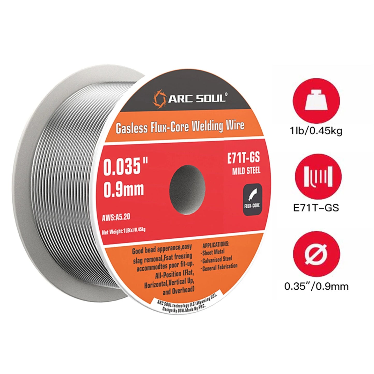 ARC SOUL 0.9mm Flux-Core Welding Wire - Gasless, Self-Shielding, Ideal for Home & Professional Use, 0.45kg/0.9kg