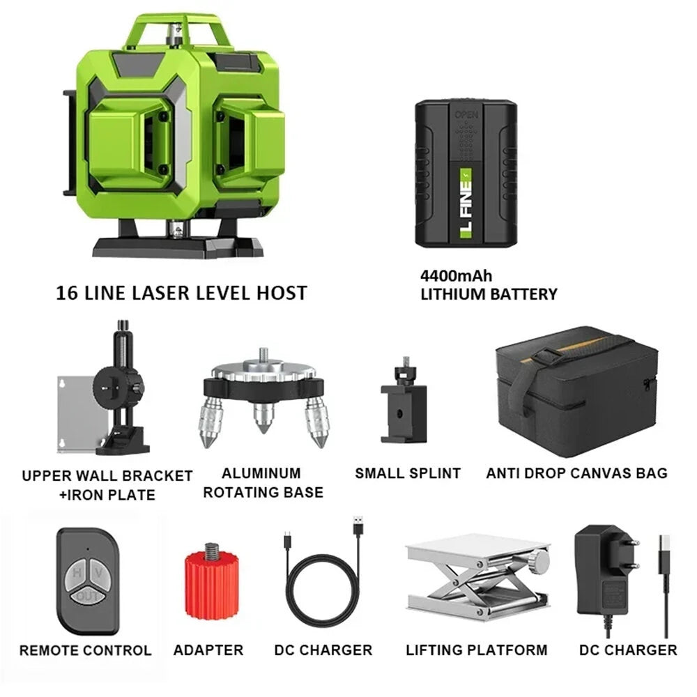 16-Line 4x360° Green Laser Level with Self-Leveling, Rechargeable Battery & Case for Ceiling Tile Installation