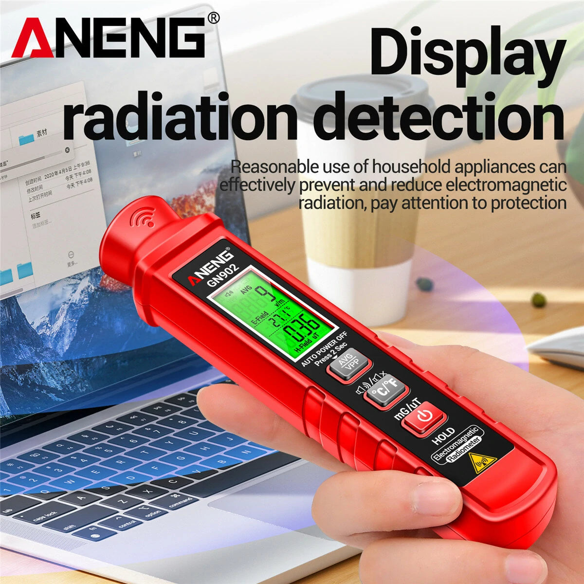 ANENG GN902 3-in-1 Electromagnetic Radiation Tester: Electric & Magnetic Field, Temperature Detection 5Hz-3500MHz, Safety Alarm LCD Display