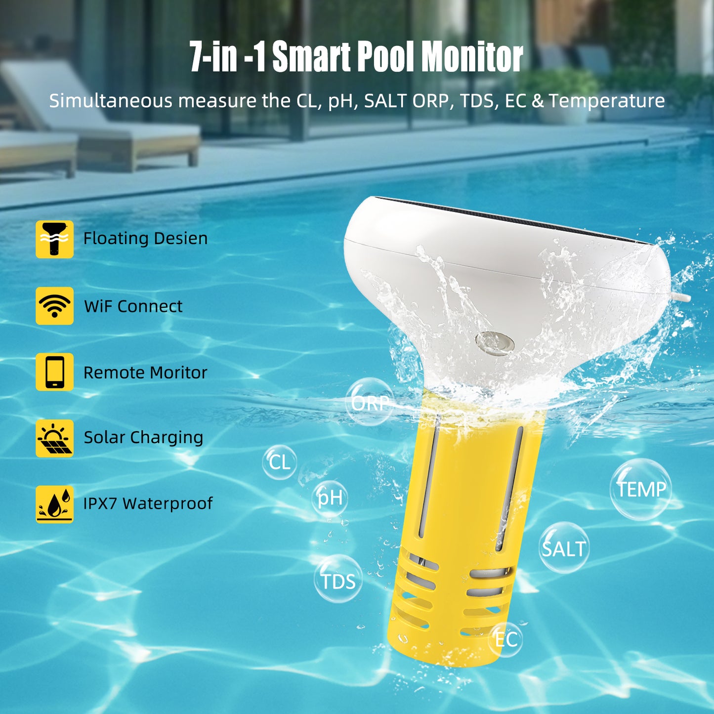Solar-Powered Tuya Zigbee Pool Water Quality Tester – 7-in-1 Smart Floating Monitor (pH / Chlorine / ORP / Salinity / EC / TDS / Temperature)
