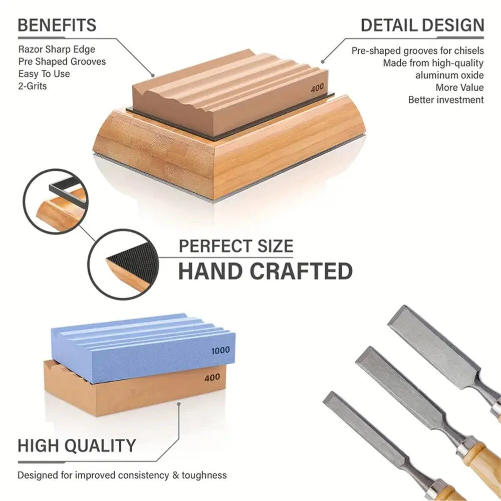 Wood Carving Sharpening Stone Kit: 400 & 1000 Grit Whetstone with Notches for Whittling & Carving Blades, Chisels, and Gouges