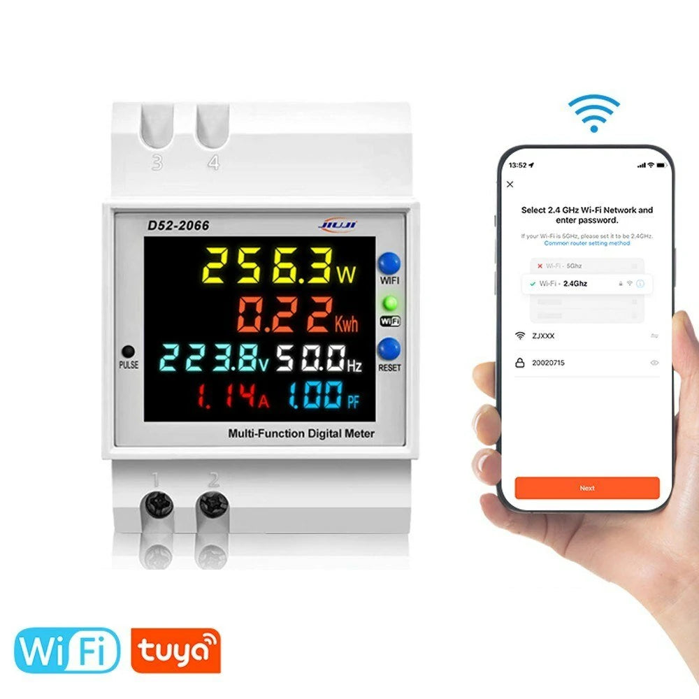 Tuya WiFi Smart Digital Display DIN-Rail Voltage & Current Meter with Power Outage Memory