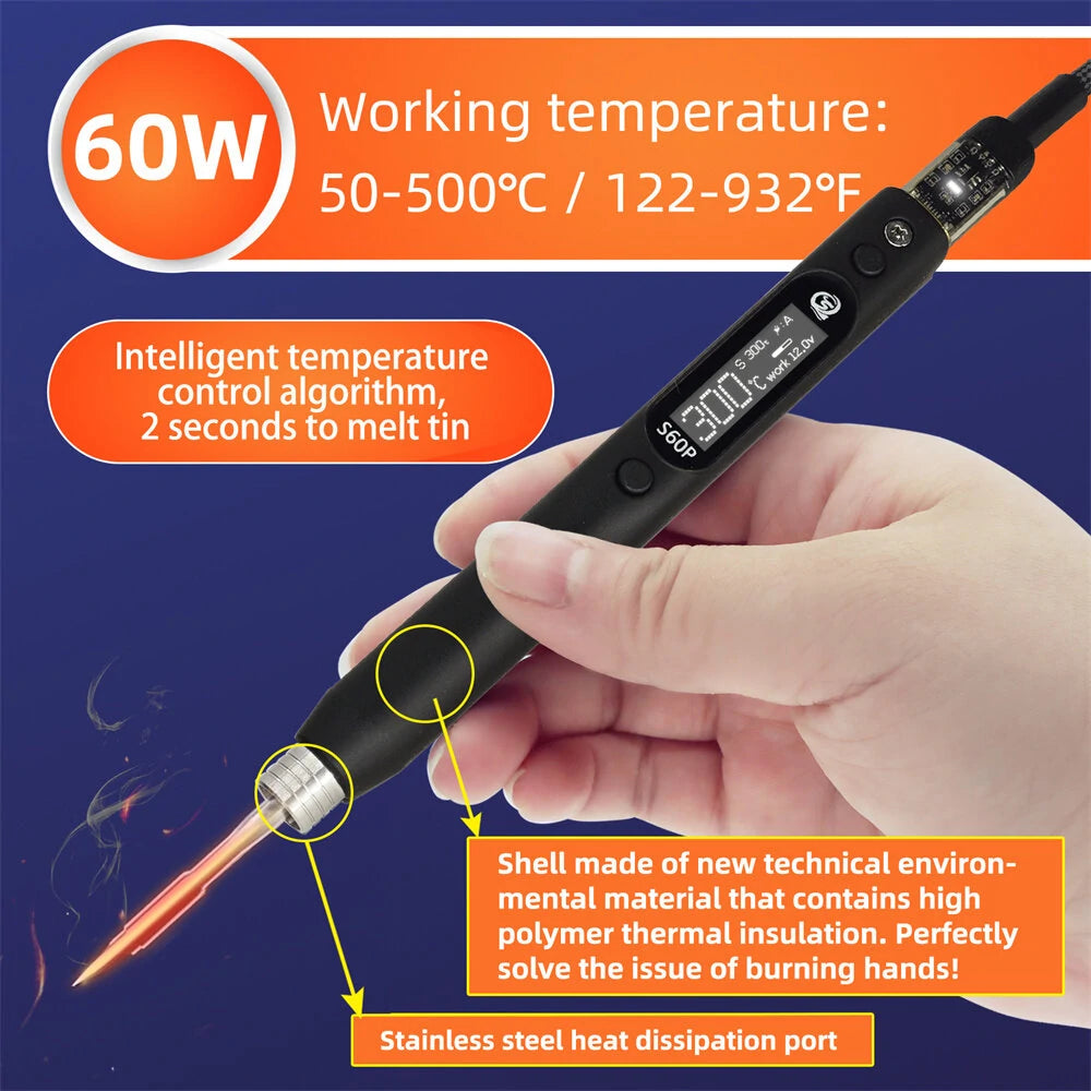 SEQURE S60P 60W Electric Soldering Iron - PD/QC/DC/PPS Power, Compatible with C210 Tip, Precision Mobile Repair, Anti-static