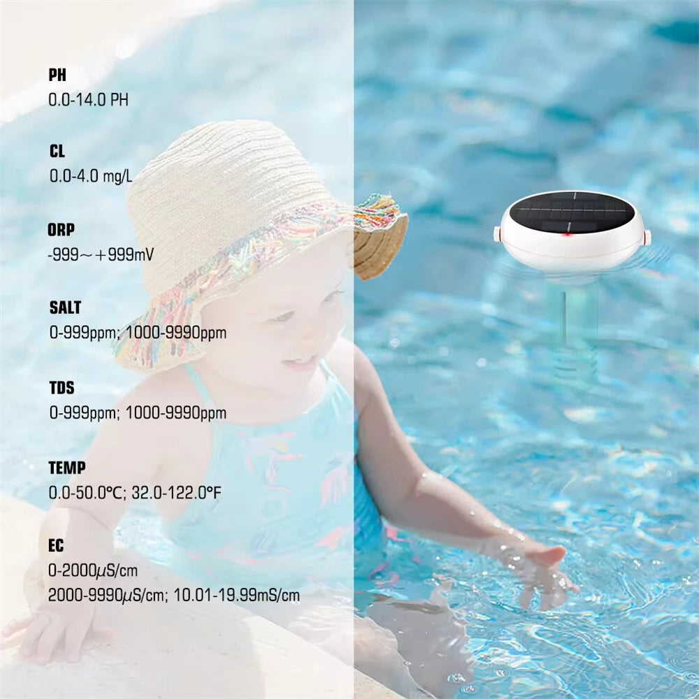 Solar-Powered Tuya Zigbee WiFi Pool Water Quality Tester | 7-in-1 pH, Chlorine & Salinity Monitor | USB Charging & App Control