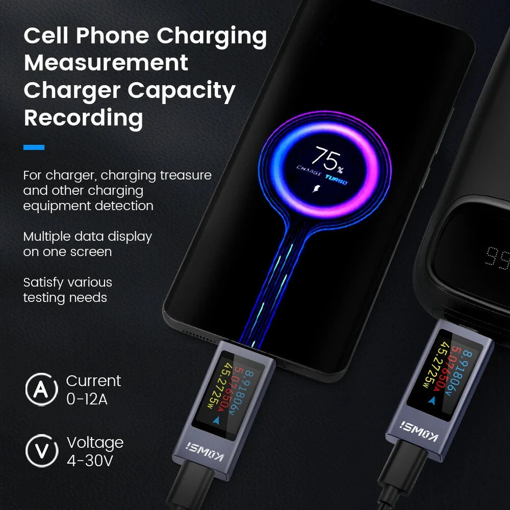 KWS-2303C Type-C Tester: DC 4-30A, 0-12A Multifunctional Digital Display, 1.06 TFT Screen, Voltage Current Power Meter