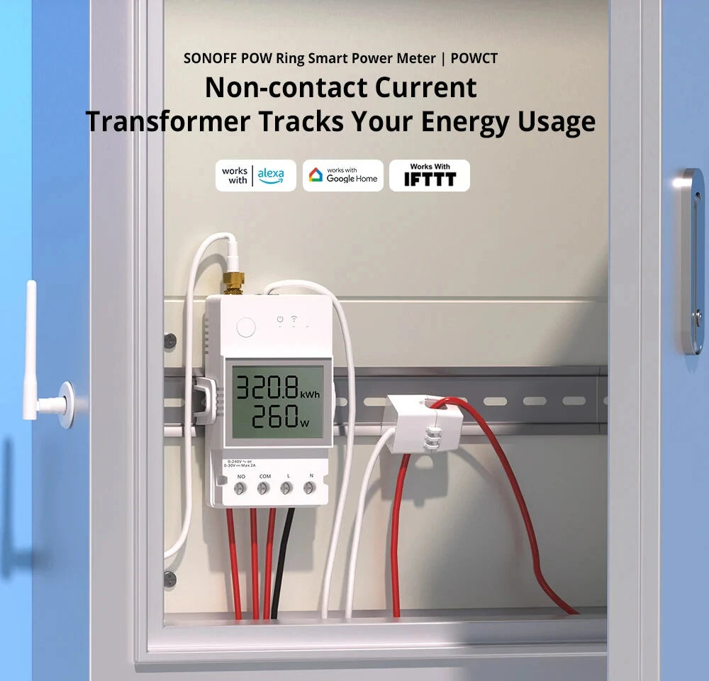 SONOFF POWCT Wi-Fi Smart Power Meter, 100V-240V 24000W, Real-Time Energy Monitor with Non-Contact Current Transformer