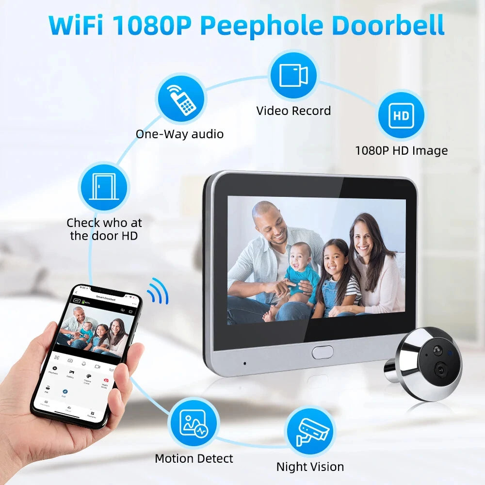 Tuya Smart Home 1080P Wireless Door Peephole Camera with 120° Wide Angle, Motion Detection, One-Way Intercom, WiFi Video Eye, 5000mAh Battery, Compatible with Alexa & Google