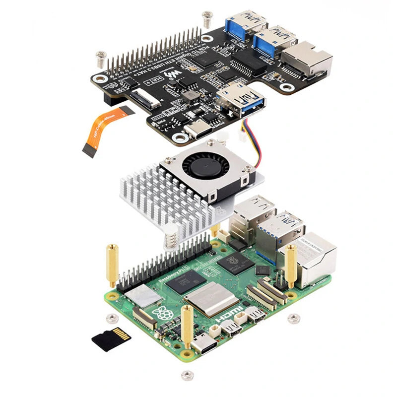 Raspberry Pi 5 PCIe Expansion HAT: Gigabit Ethernet & 3x USB 3.2 Gen1 - Plug and Play