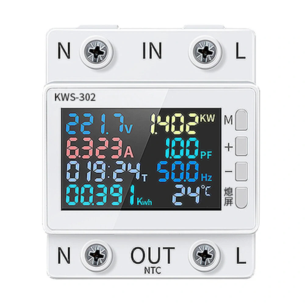 8-in-1 Multi-Function AC Energy Meter with Color Screen, 170-270V/63A, Standard Rail Mounting