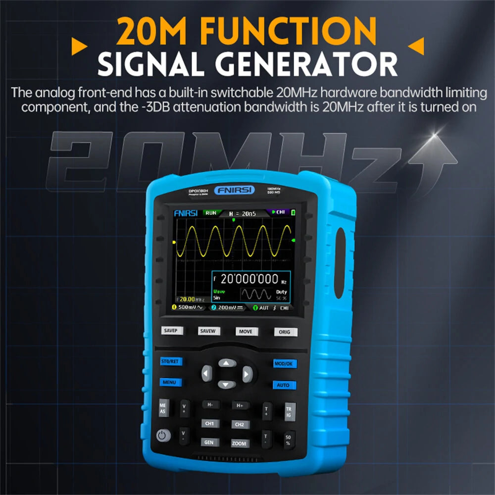 FNIRSI DPOX180H 180MHz Handheld Phosphor Digital Oscilloscope - Dual Channel 20MHz Signal Generator, 50000wfms/s, ZOOM XY FFT