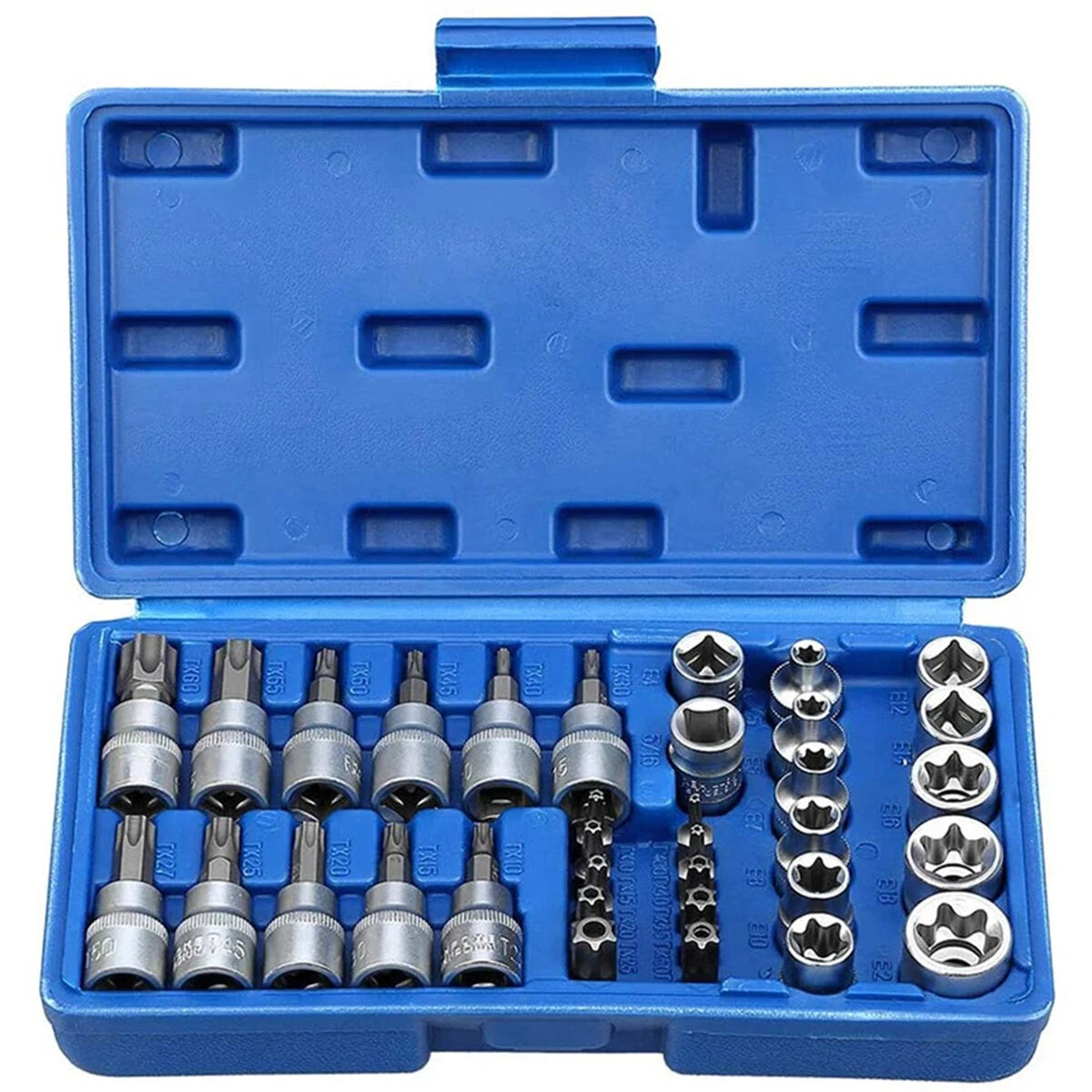 34-Piece Torx and E-Torx Star Socket Set, 1/4, 3/8, 1/2 Drive, Chrome Vanadium Steel with Storage Case for Automotive Repair