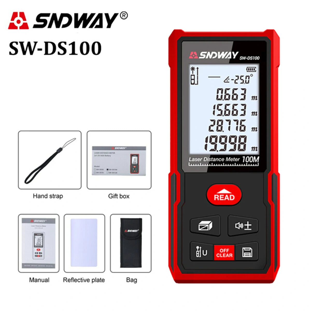 SNDWAY Laser Distance Meter Rangefinder with Angle Sensor & Backlight - Available in 50m, 70m, 100m, 120m - Waterproof & Digital Level