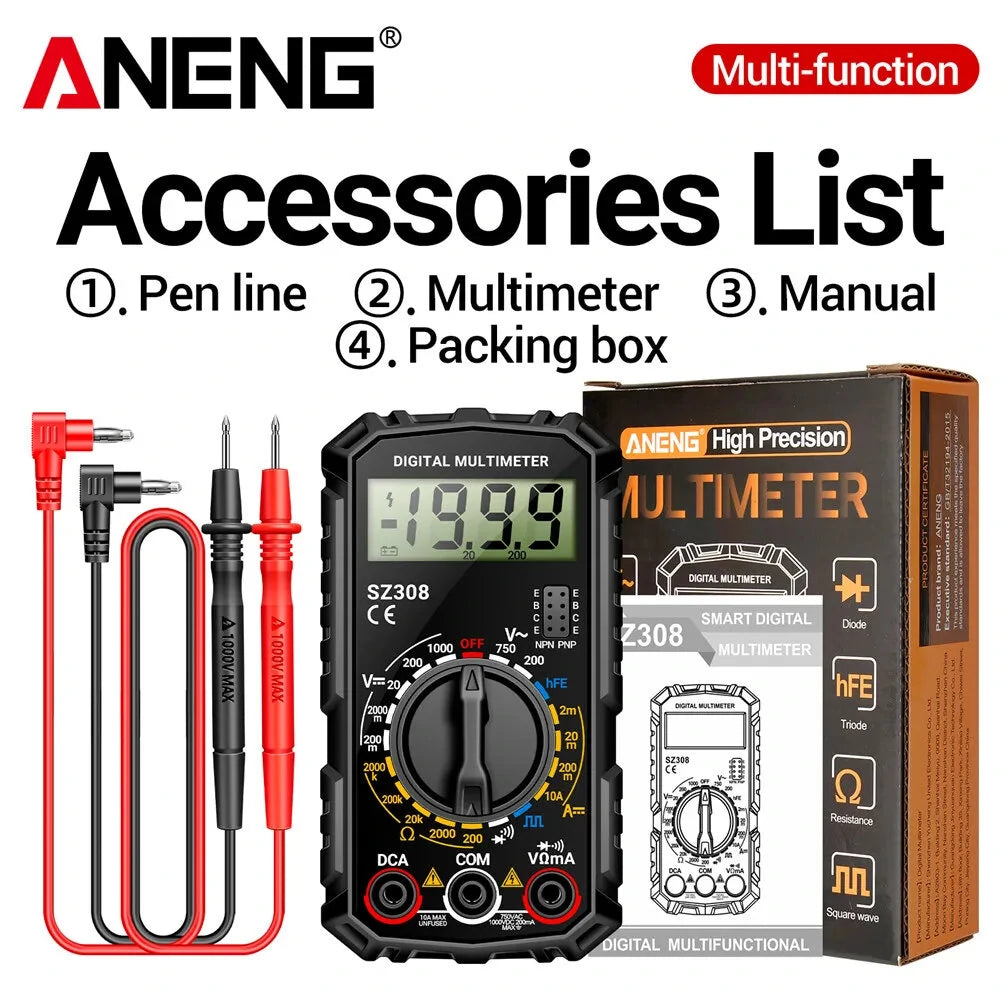 ANENG SZ308 Handheld Digital Multimeter - AC/DC Voltage, Current, Resistance, Diode, HFE Transistor Measurements, Wave Output, Low Battery Indicator