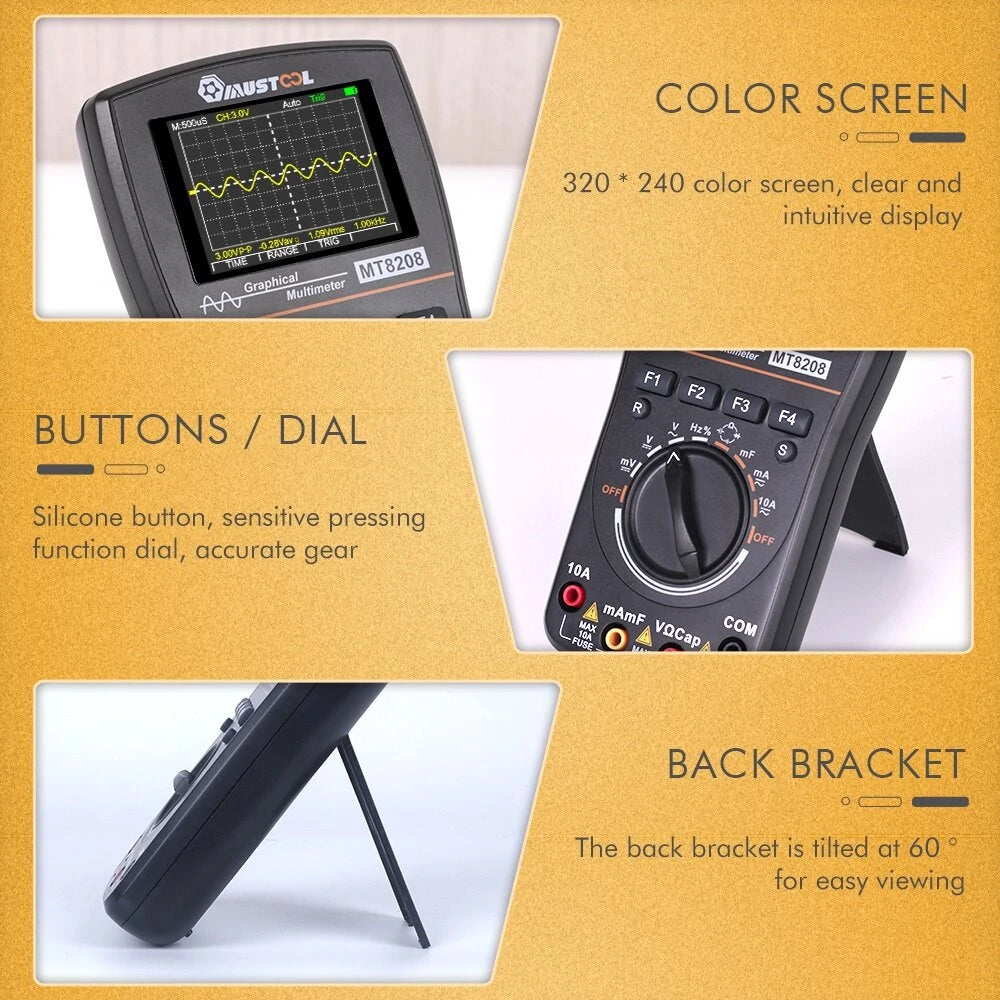 MUSTOOL MT8208 2-in-1 Smart Graphical Digital Oscilloscope Multimeter, 2.4 Color Screen, 1MHz Bandwidth, 2.5Msps Sampling Rate for DIY & Electronic Testing, Upgraded from MT8206