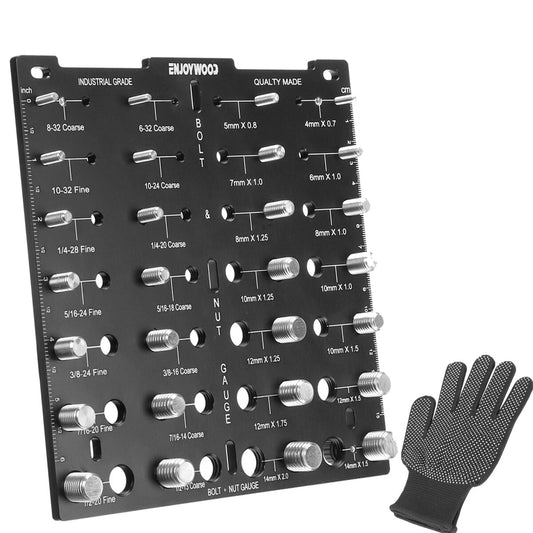 ENJOYWOOD 28-Piece Nut & Bolt Checker with Gloves - Durable Aluminum Alloy Gauge for Metric & Imperial Sizes
