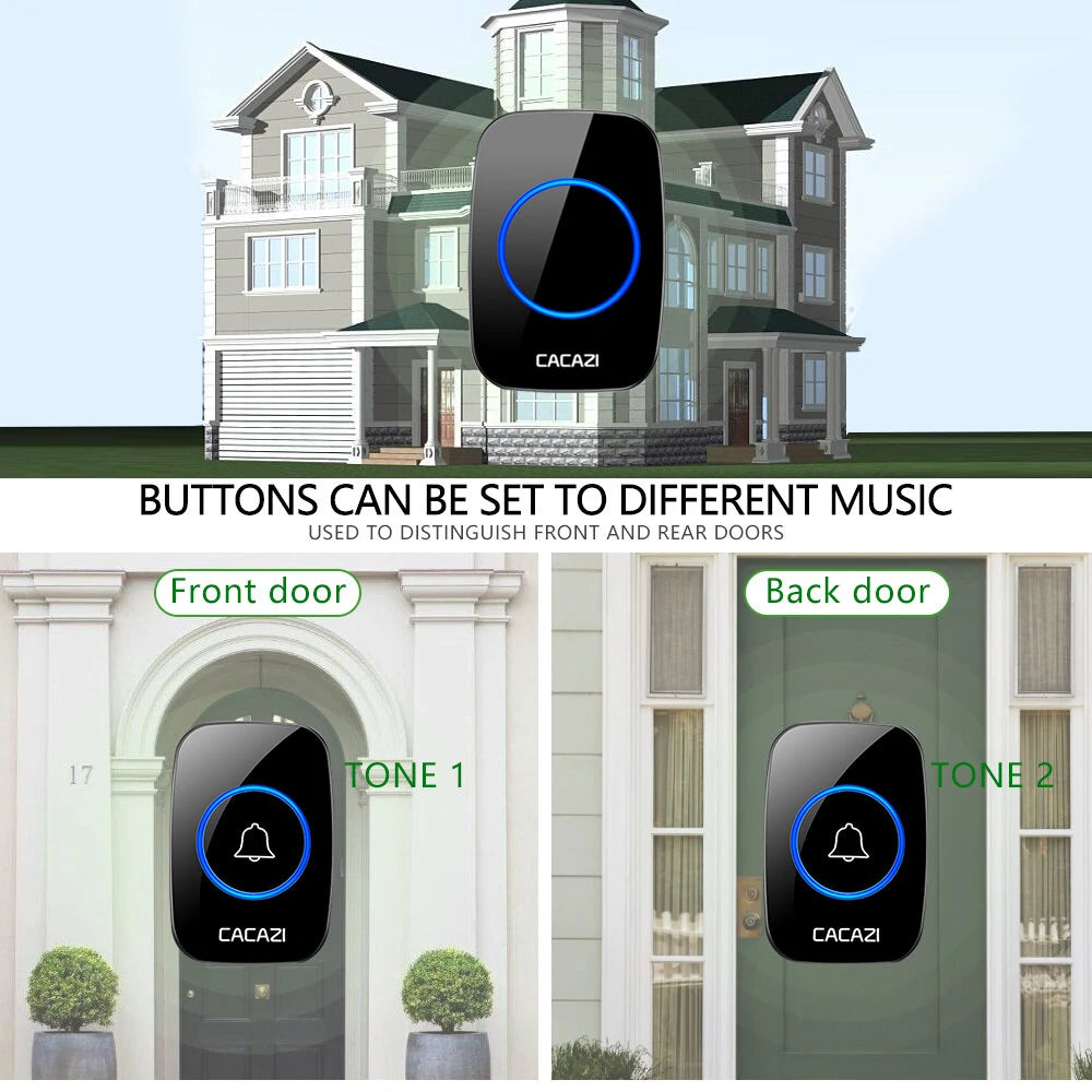 CACAZI Wireless Music Doorbell, 60 Chimes, 5 Volume Levels, 300M Range, IP44 Waterproof