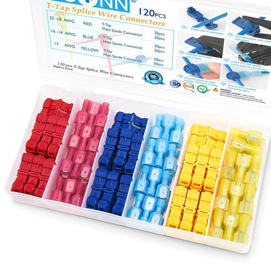 120pcs Quick Splice T-Tap Wire Connectors Kit with Insulated Male Disconnect Terminals & Storage Case
