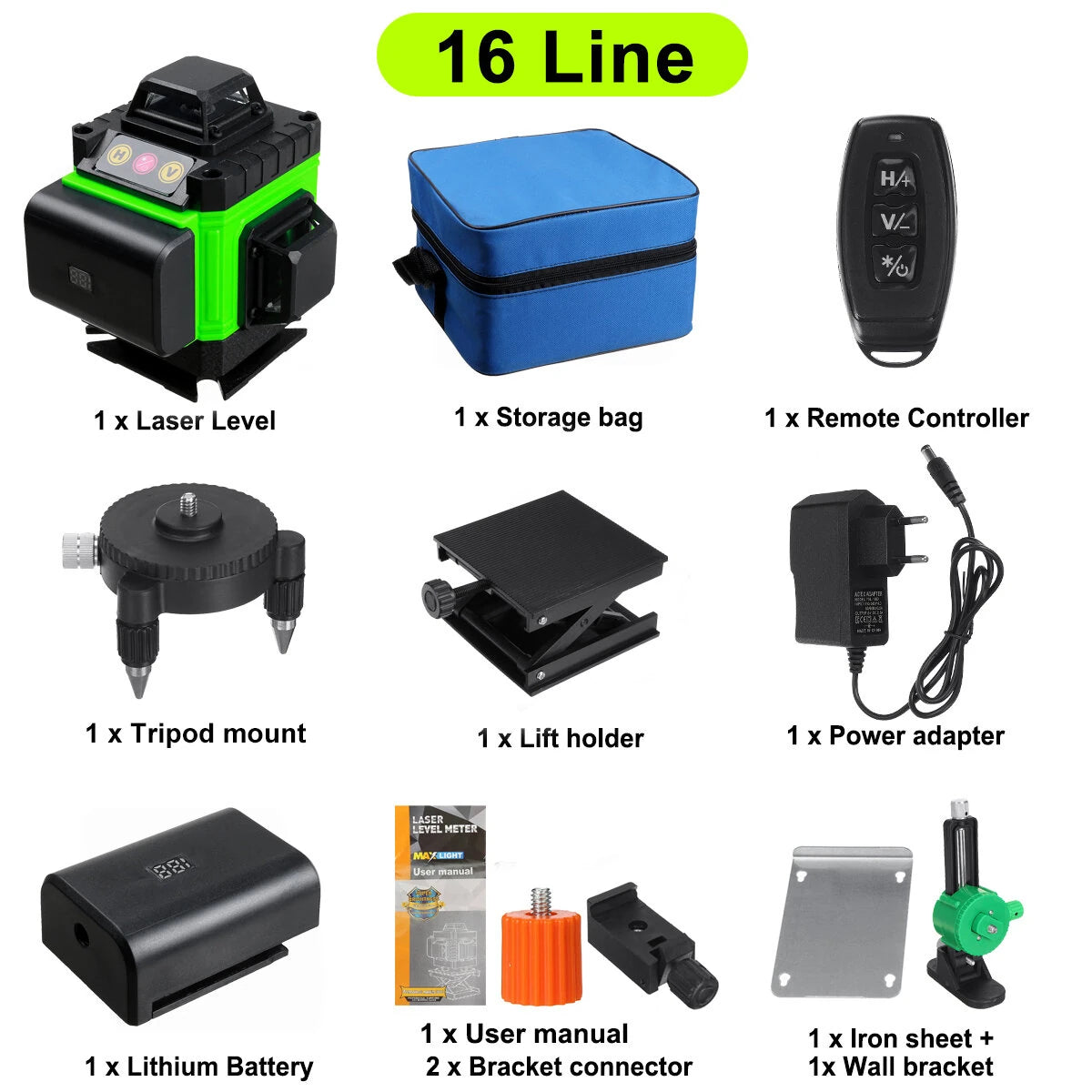 4D Green Laser Level with Self-Leveling, 16 Lines, 360° Vertical Cross & Horizontal Lines, Outdoor Use, Includes 1/2 Battery