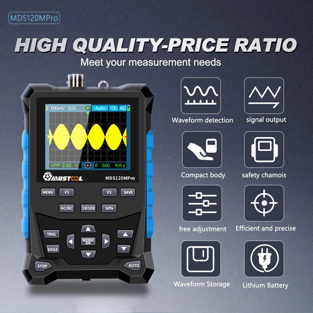Mustool MDS120MPro 120MHz Digital Oscilloscope with 3MHz Signal Generator, 500MS/s, 2-in-1 Automotive Tool