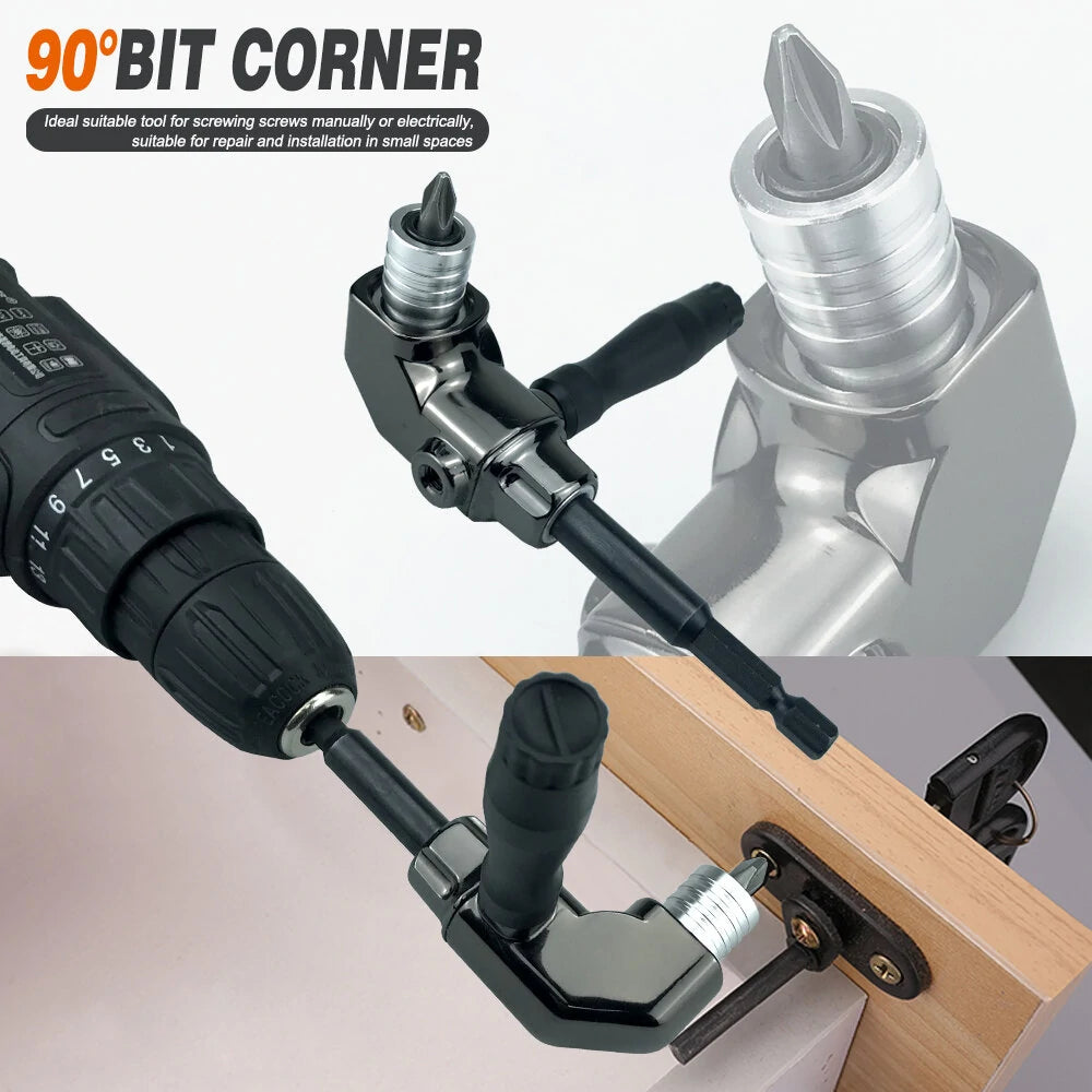 90° Angle Universal Screwdriver Adapter with Quick Release Hex Interface & Optional 10-Piece Set for Hard-to-Reach Areas