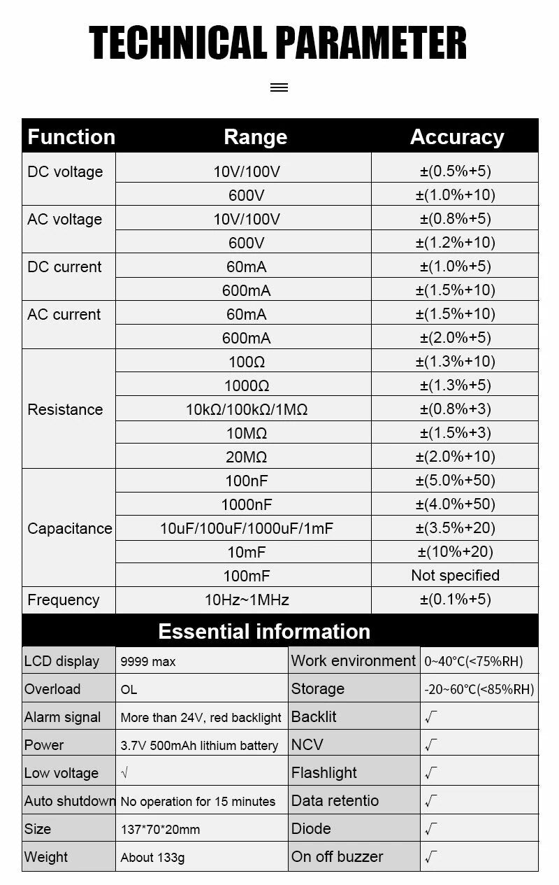 Victor 925 Digital Multimeter 10000 Counts LCD Display NCV Diode 500mAh Battery Frequency Smart Tester