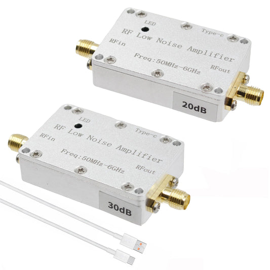 Wideband LNA Receiver Amplifier 20-30dB Gain, 50MHz-6GHz, Low Noise, SMA Interface for GPS/FM Radio