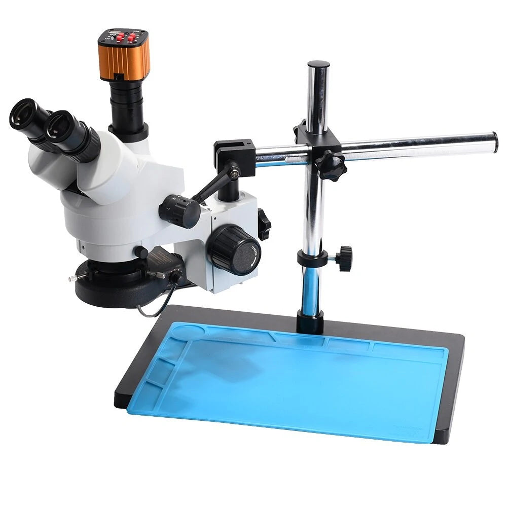 Stereo Microscope 3.5~90X Zoom with 16MP Camera, All-Metal Stand, 56-LED Ring Light for Industrial PCB Repair