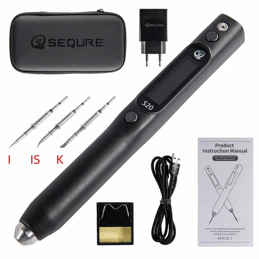 SEQURE S20K+I+IS DC Soldering Iron Kit - European Standard with 3 Tips, Holder & Storage Bag