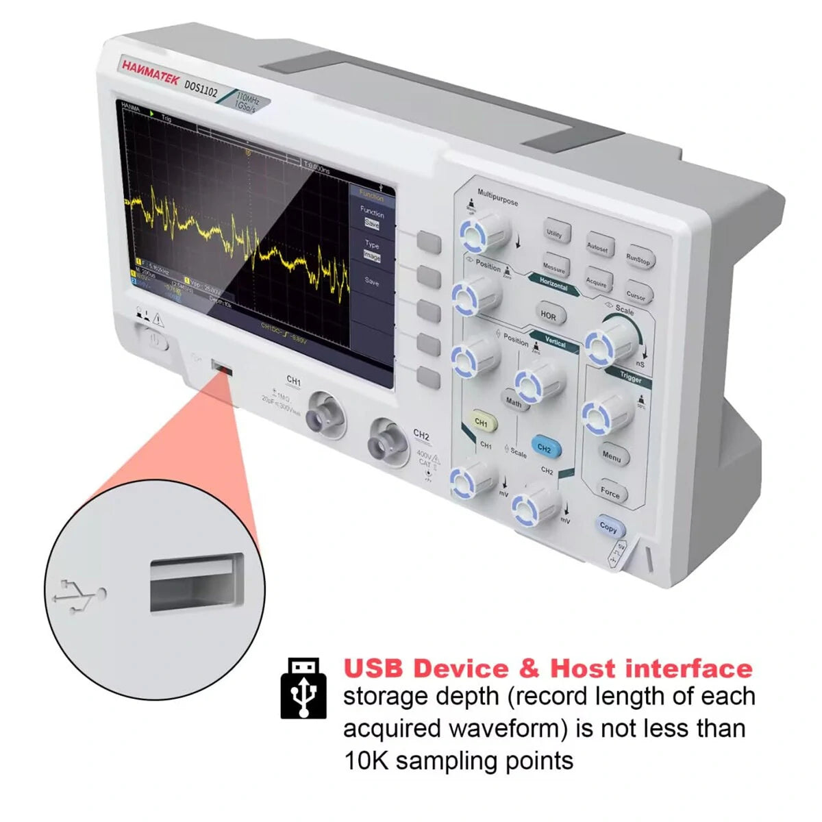 HANMATEK DOS1102 Portable Digital Oscilloscope 110MHz, 500 MS/s, 7 LCD, Dual Channels, FFT Analysis, Labview SCPI, USB