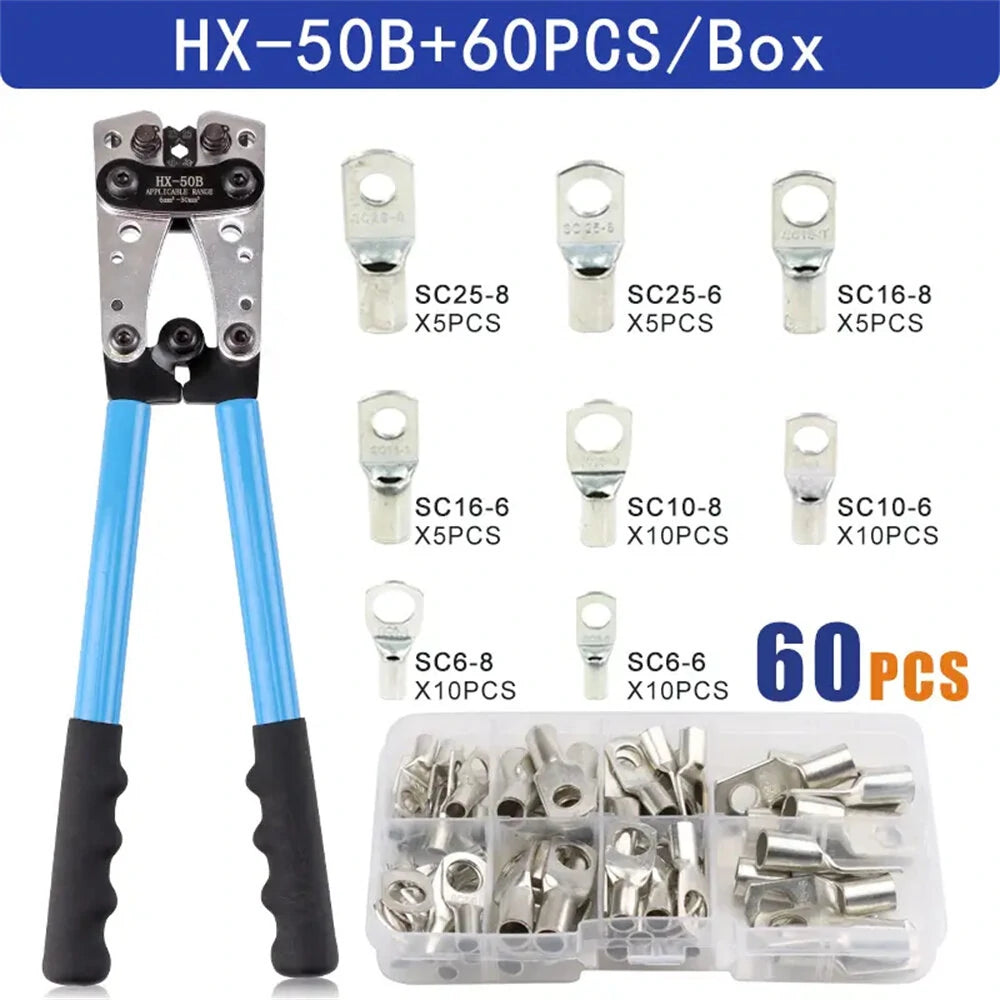 Battery Cable Crimping Tool Set HX-50B, 10-1 AWG, with 60 Copper Ring Terminals, 8 Sizes