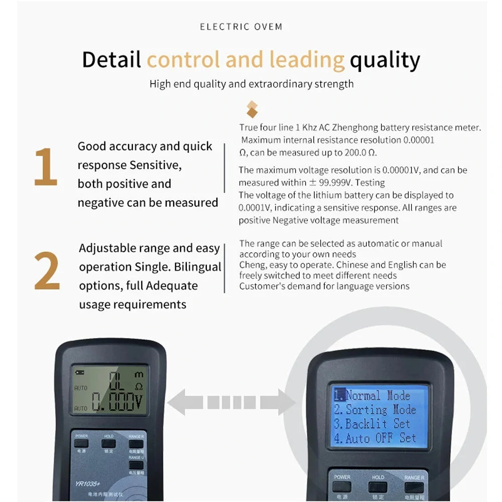 YR1030+/YR1035+ Precision Battery Resistance Tester 100V 2000mAh LCD for Electric Vehicles 18650