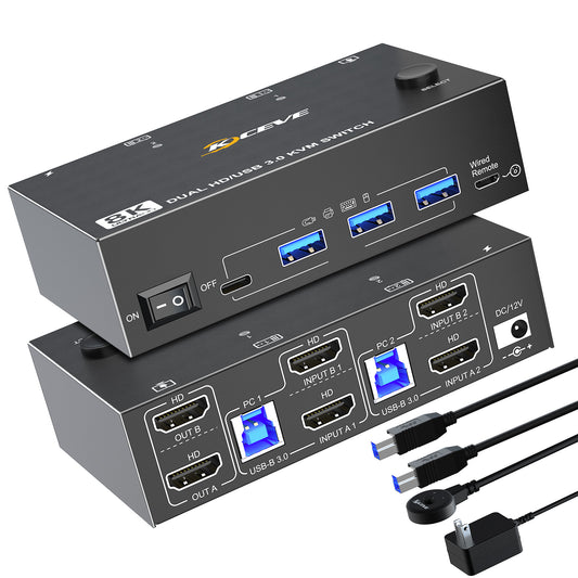 Dual Display KVM Switch 4K HDMI 3840x2160@30Hz | Plug & Play Compatible - KCEVE KC-KVM202