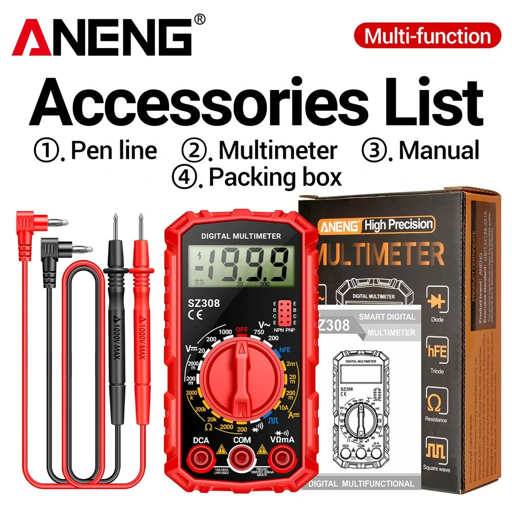 ANENG SZ308 Handheld Digital Multimeter - AC/DC Voltage, Current, Resistance, Diode, HFE Transistor Measurements, Wave Output, Low Battery Indicator