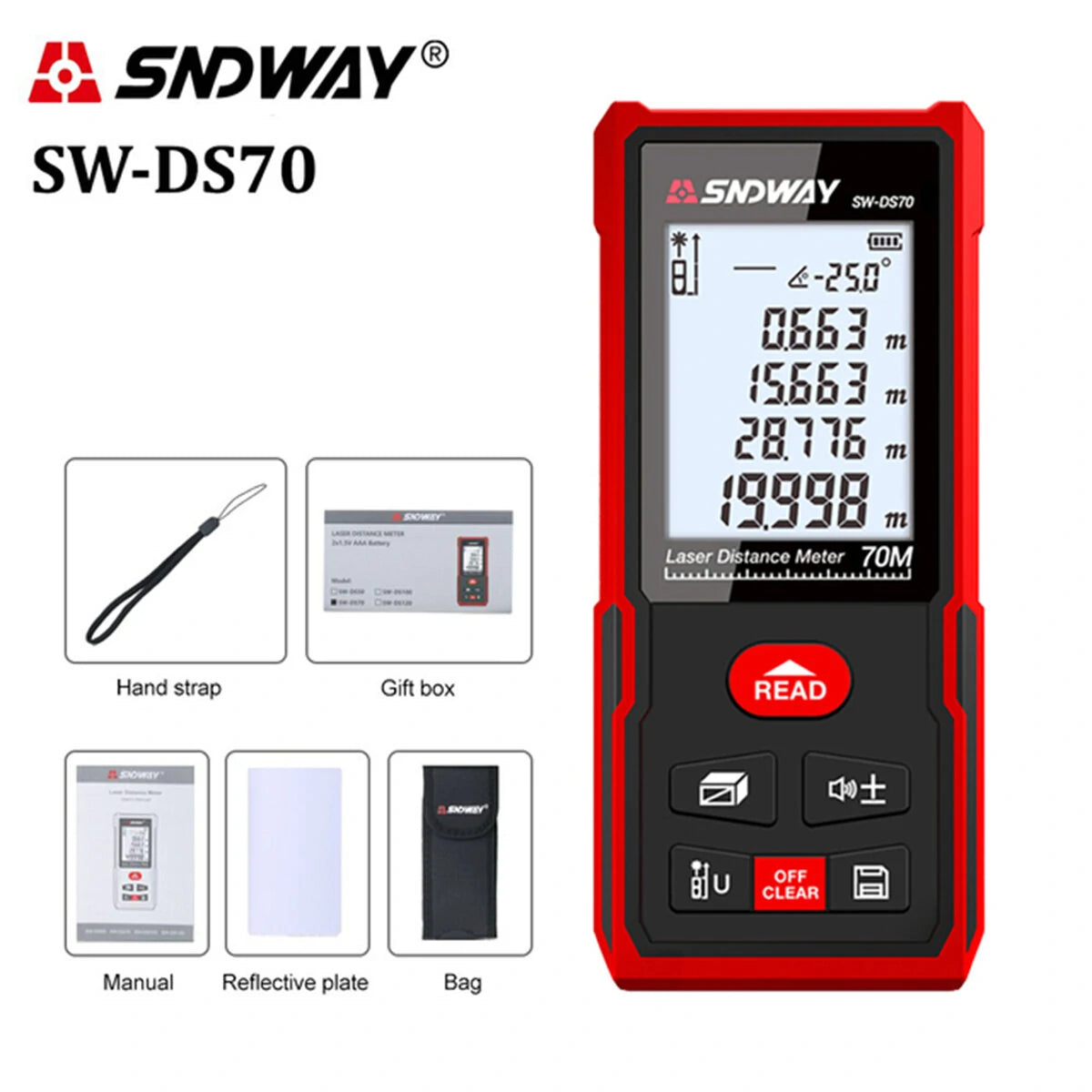 SNDWAY Laser Distance Meter Rangefinder with Angle Sensor & Backlight - Available in 50m, 70m, 100m, 120m - Waterproof & Digital Level