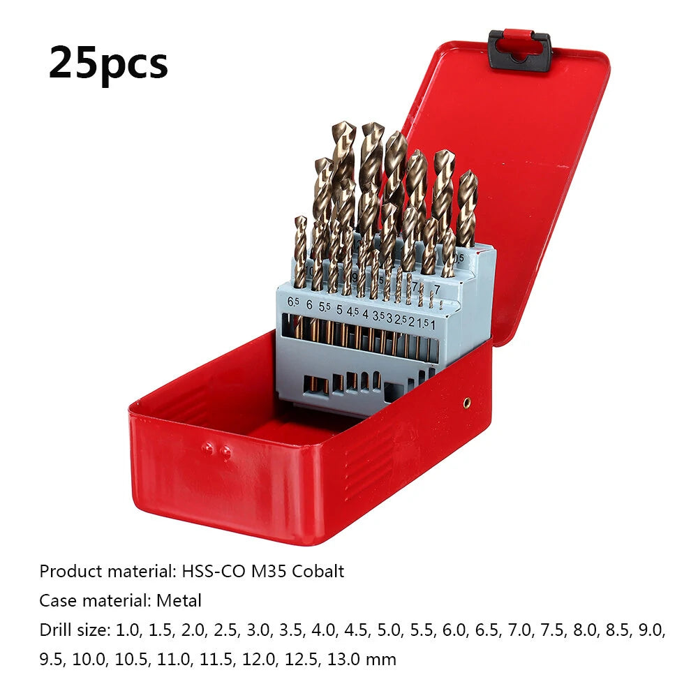 M35 Cobalt Drill Bit Set - HSS-Co Twist Bits for Stainless Steel, Wood, Metal with Metal Case - Drillpro Jobber Length