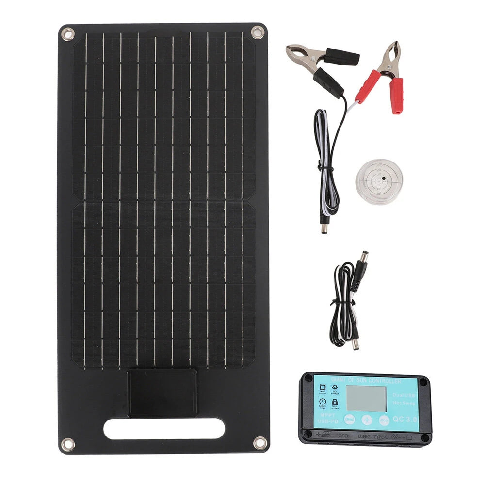 20W Monocrystalline Solar Panel, Dual 12V/24V, IP68 Waterproof, USB-C & DC Ports for Outdoor Camping & Car Battery Charging