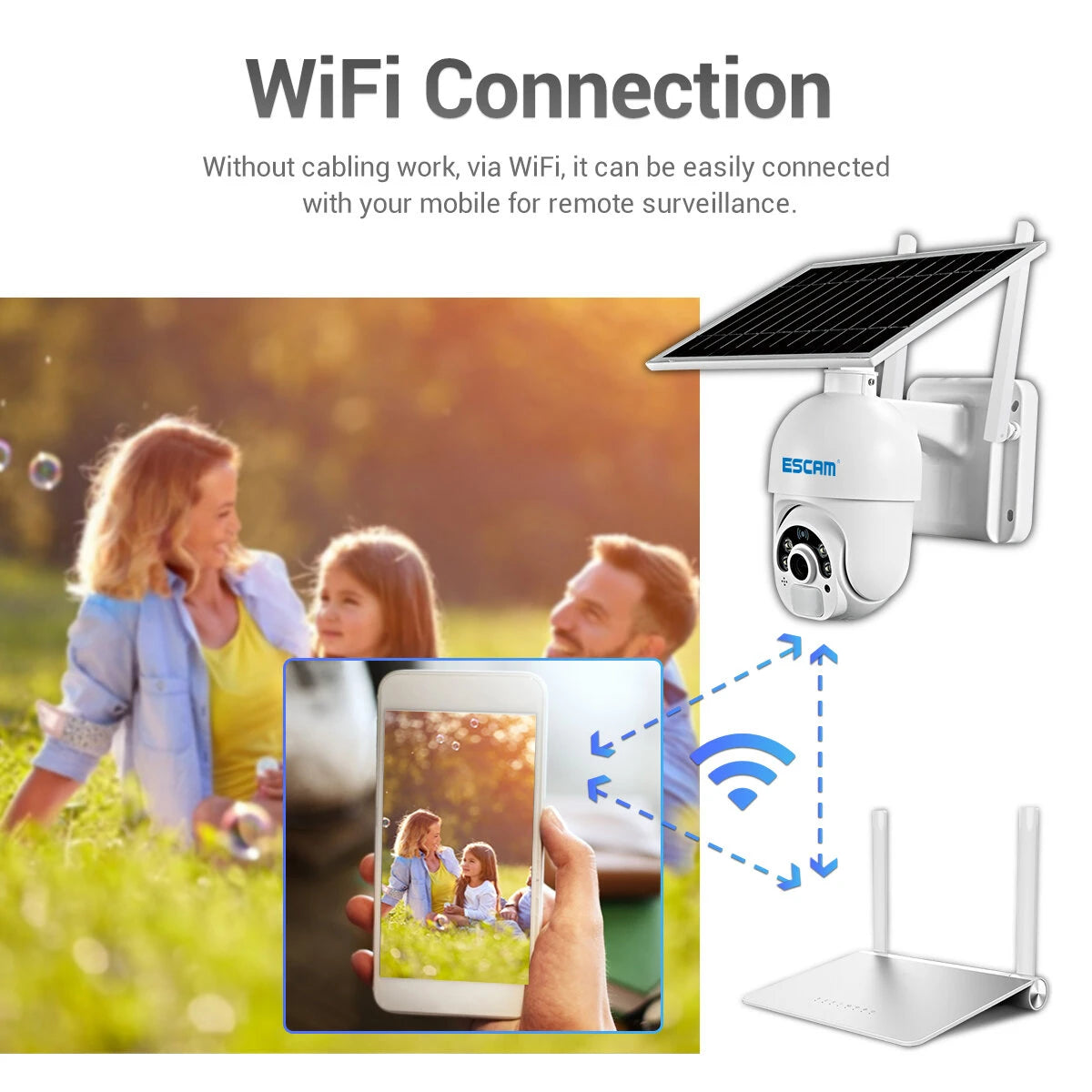 ESCAM QF250 1080P Solar-Powered WiFi Dome IP Camera with Cloud Storage, PIR Alarm, Color Night Vision, PTZ, Two-Way Audio, IP66