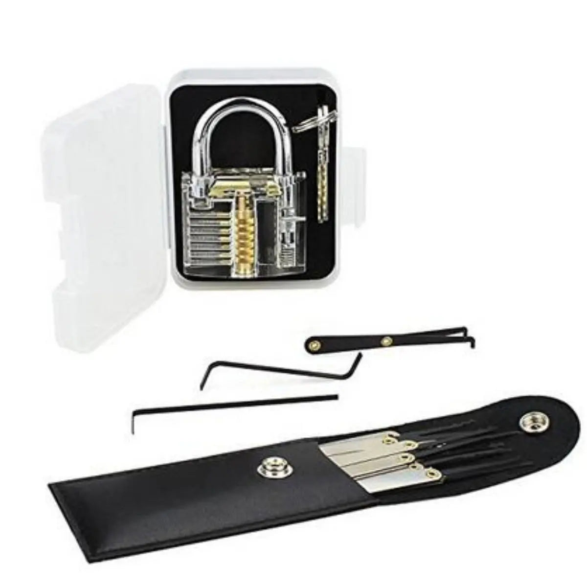 Transparent Practice Padlock & 15-Piece Lock Pick Set with Key Extractor Tools