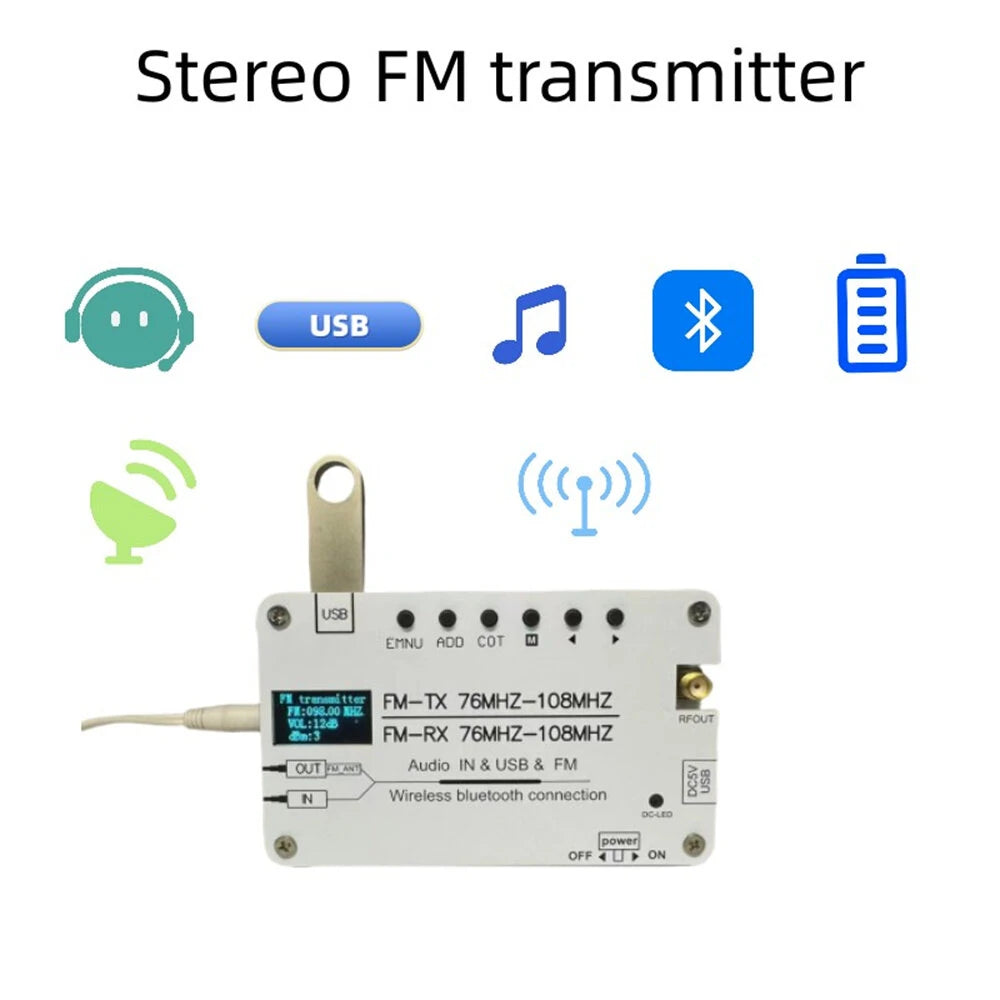 Portable Bluetooth FM Transmitter & Receiver with AUX/USB, 76MHz-108MHz, Built-in Rechargeable Battery